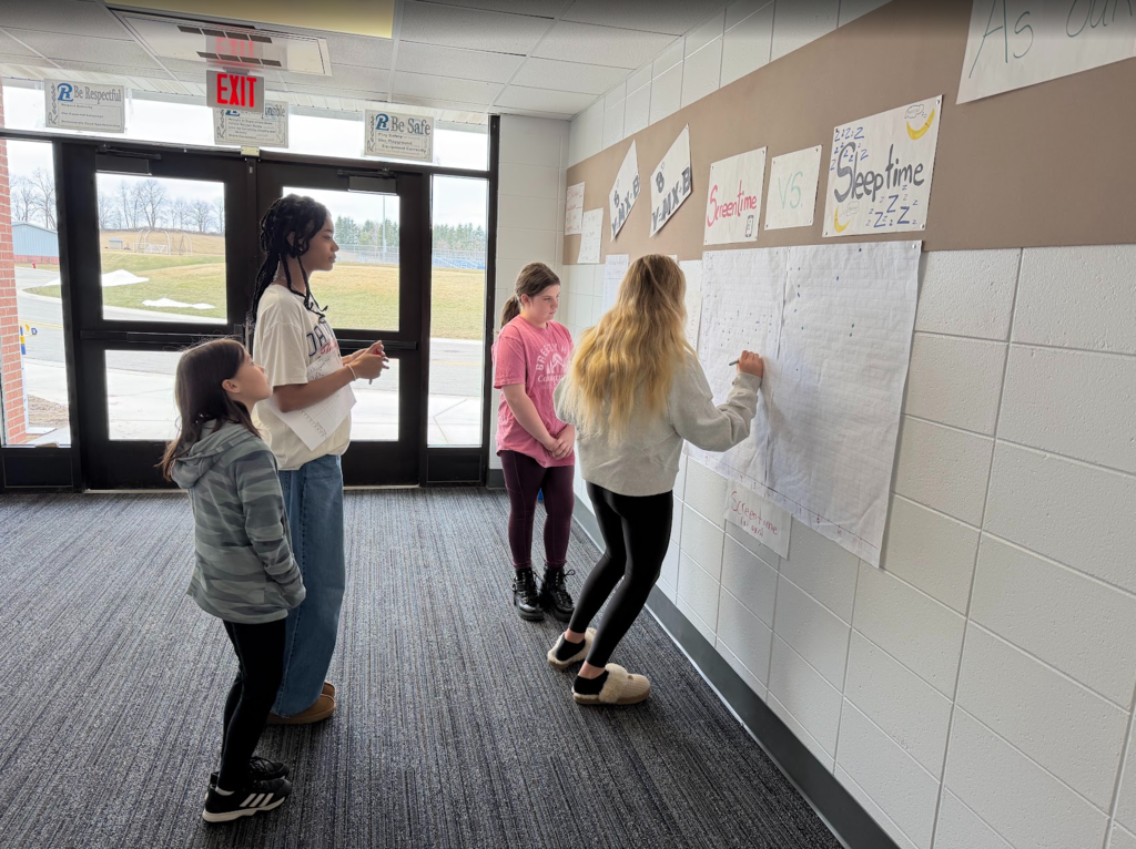 Mrs. Thomas’ 8th grade math class recently invited the 5th graders in to help them graph their screen time.