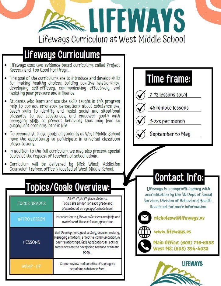 infographic that introduces our Lifeways counselor, Nick Wiest, It includes contact information as well as information a QR code so families can scan it and get more information about the LIfeWays program. 