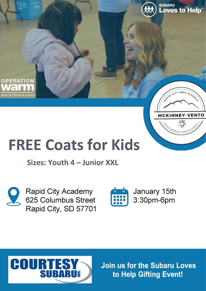 The McKinney-Vento team and Courtesy Subaru are partnering for a free coat event next Thursday, Jan. 15th at RCAA from 3:30-6:00pm.