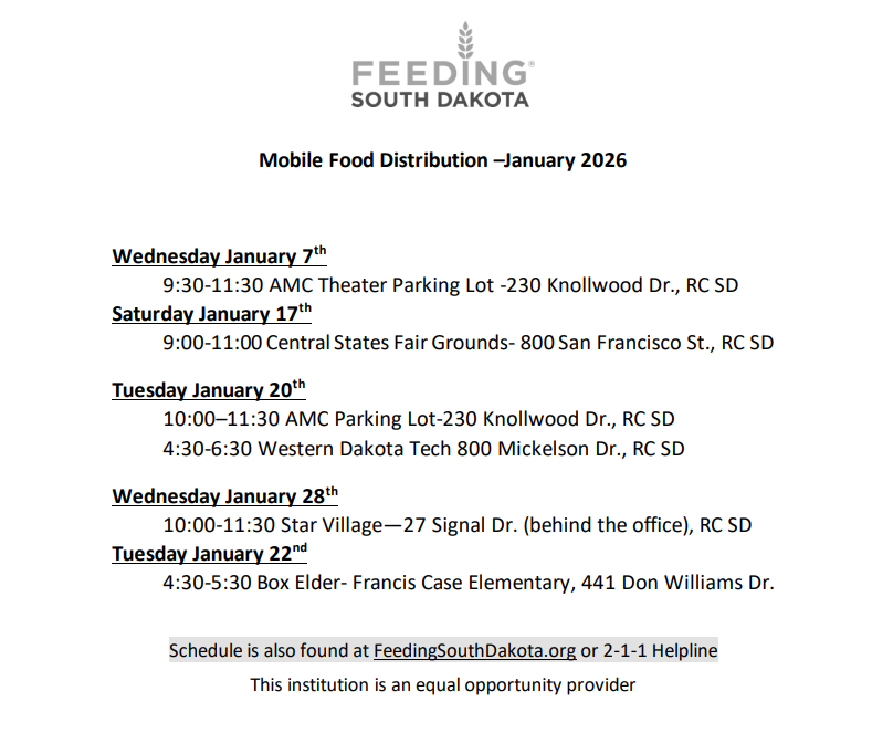 January's Feeding South Dakota mobile food distribution schedule