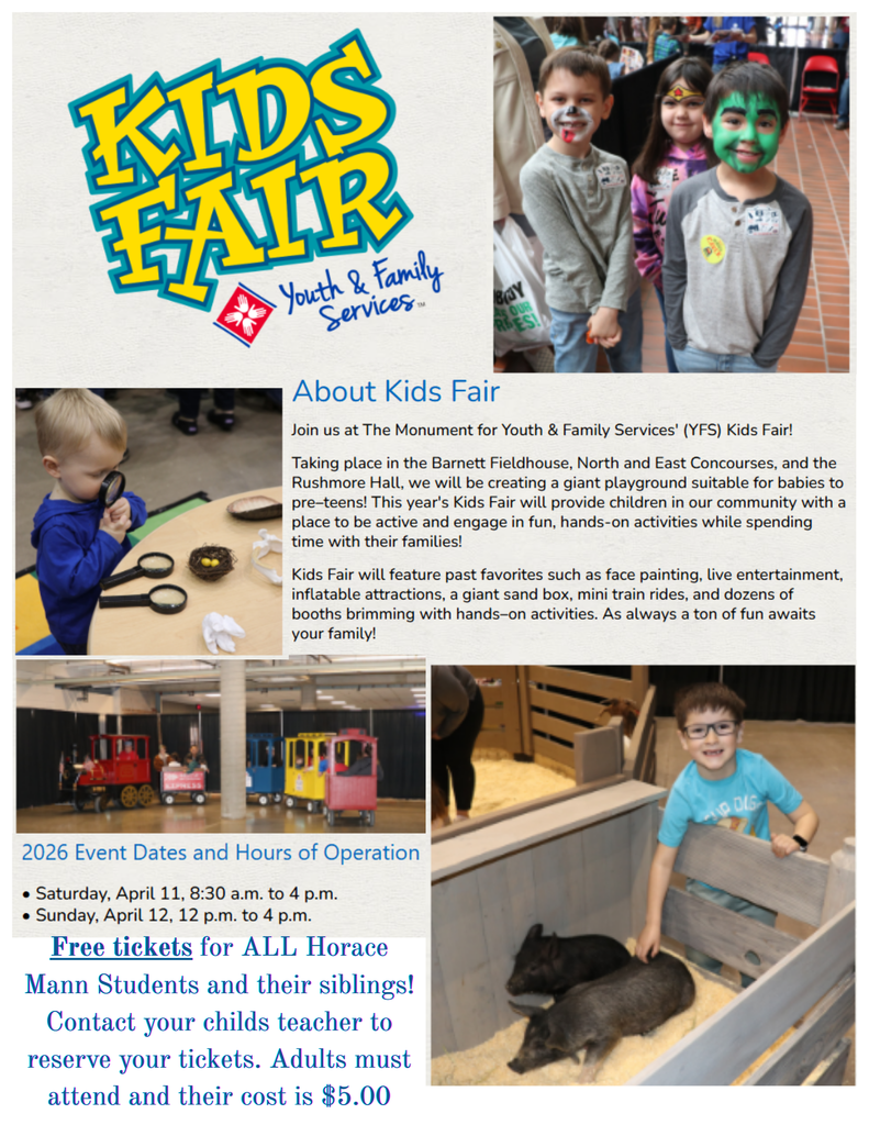 We are blessed here at HM because we have been chosen to receive free tickets for our students and their siblings to attend this years Kids Fair. If you are planning to attend the Kids Fair this year please contact your child's teacher to reserve your free tickets.