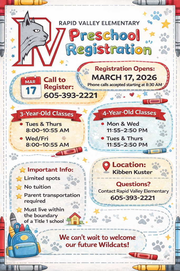 Preschool Registration starts 17 Mar at 8:30am call 605-393-2221