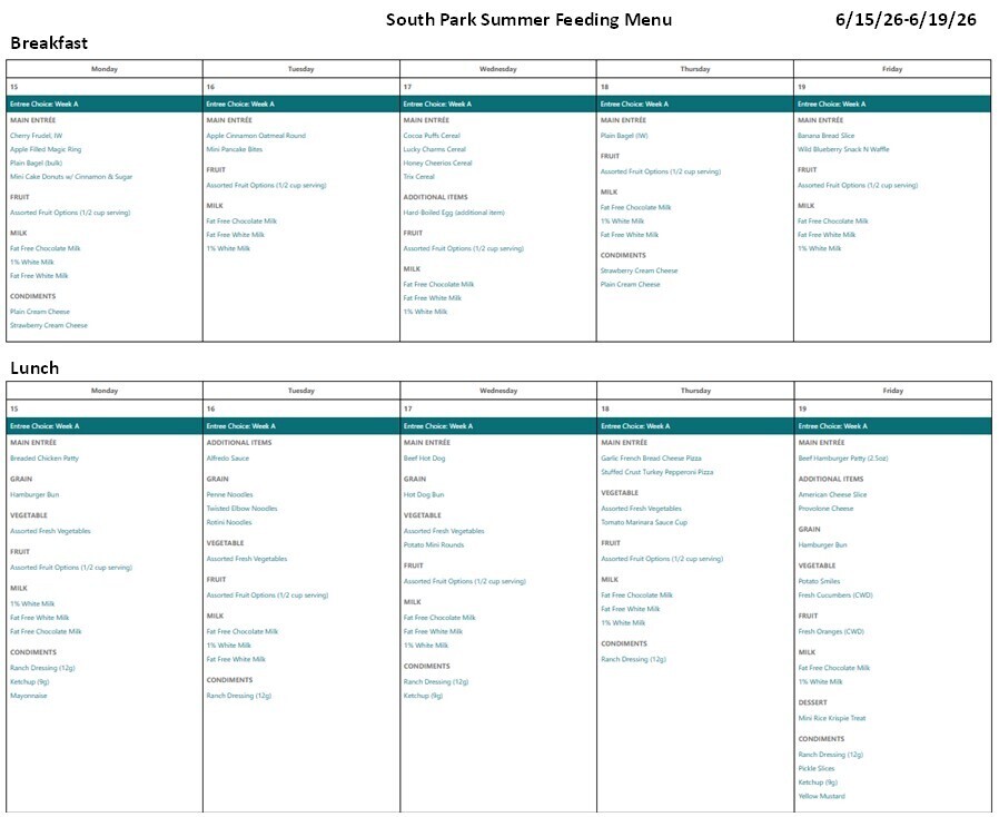 6.15-6.19 Summer Meal Schedule
