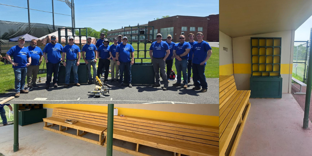 pictures of improvements at PBC baseball dug outs and a group picture of volunteers