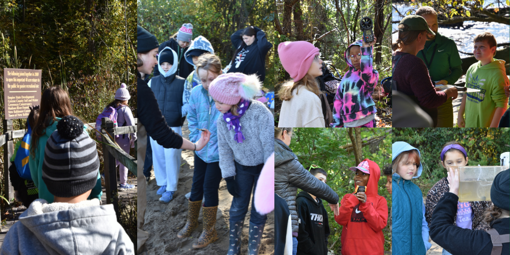 a collage of students observing and participating in observing the river