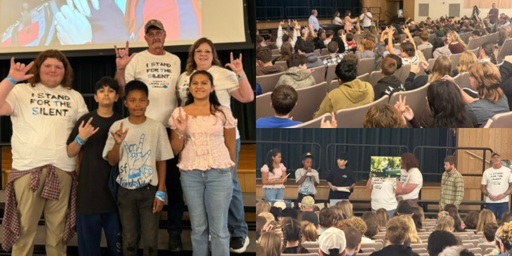 Pictures of middle school students at the assembly