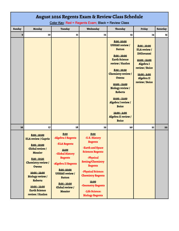 August 2026 Regents Exam and Review Class Schedule