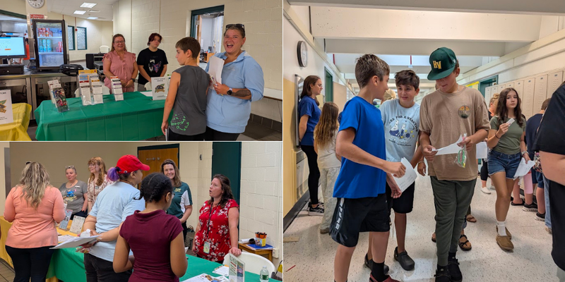 Three pictures of 6th grade students and their families exploring the middle school