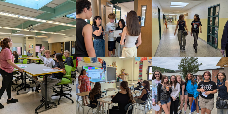 Collage of pictures from our 9th grade orientation at the HS. Pictures show students in classrooms and walking the halls