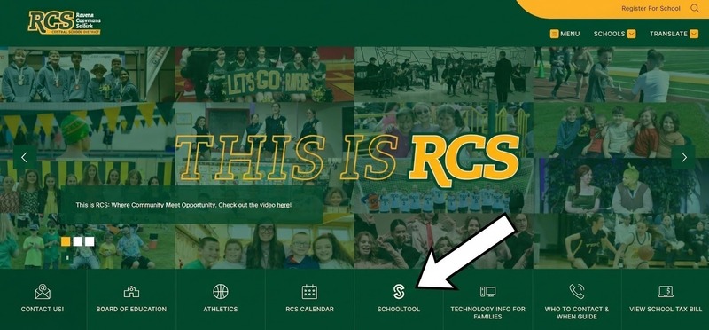 Picture of the District homepage with an arrow identifying the SchoolTool button