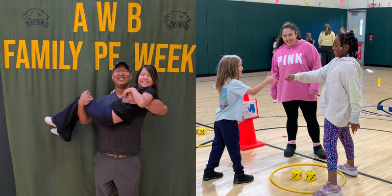 Collage of students and their families participating in PE