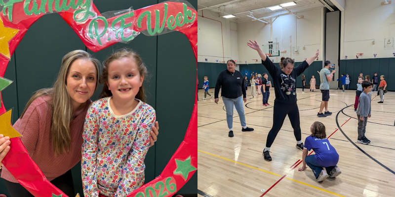 Collage of students and their families participating in PE