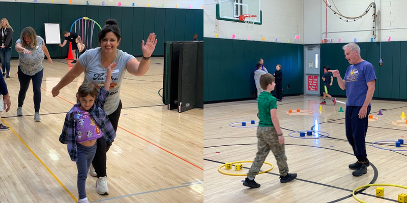 Collage of students and their families participating in PE