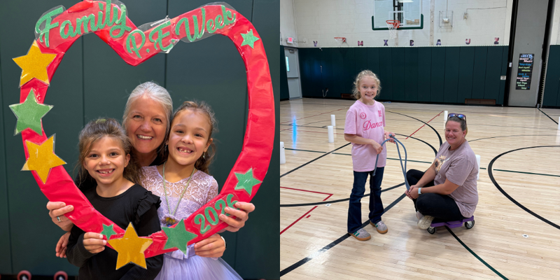 Collage of students and their families participating in PE