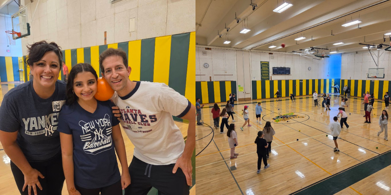 Collage of students and their families participating in PE