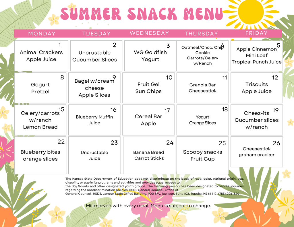 June Summer Snack Menu