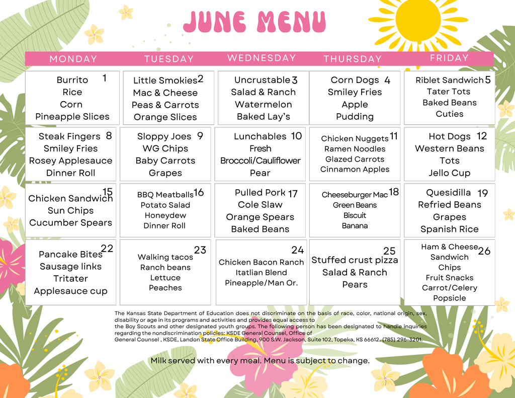 June Summer Lunch Menu