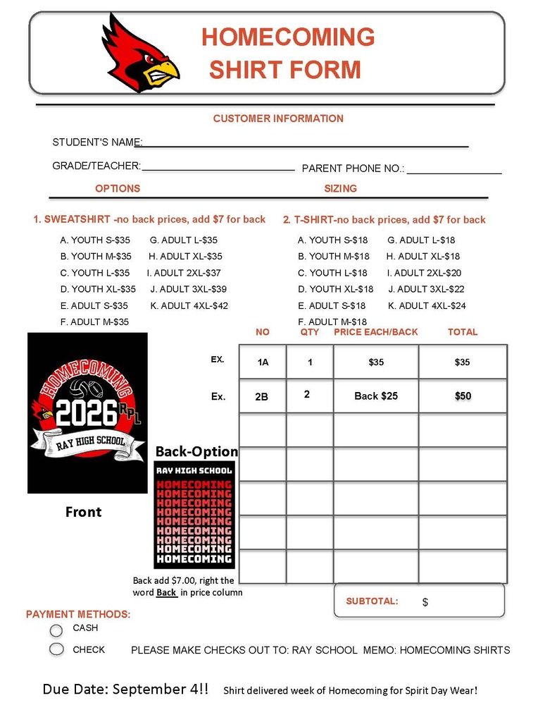 Homecoming Shirt Order form