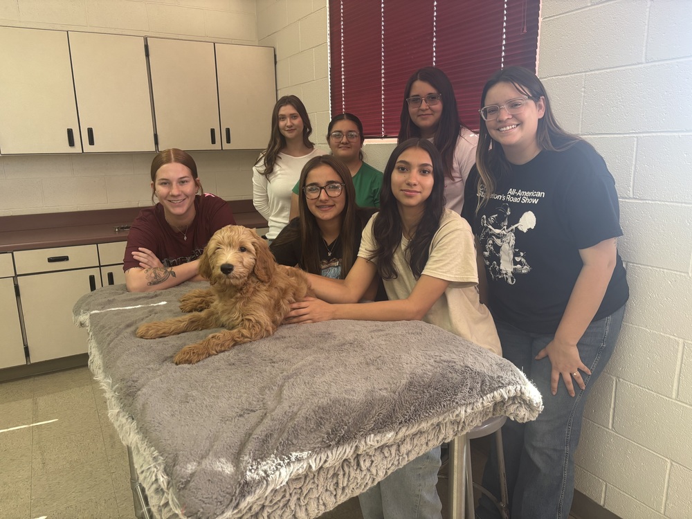Students with 3 teachers and dog