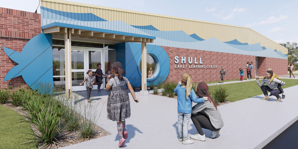 A 3D Rendering of a brick school building with blue paint and a sign that reads "Shull Early Learning Center