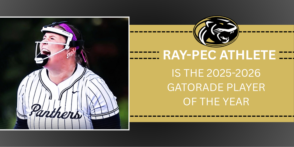 A black and gold graphic with the text "Ray-Pec Athlete is the 2025-2026 Gatorade Player of the Year" and a photo of a softball player cheering.