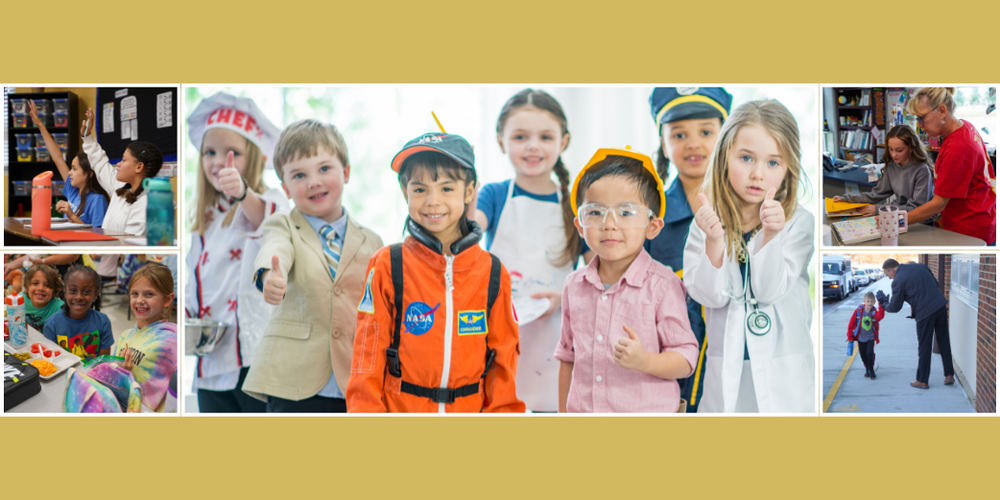 Various images of students smiling.