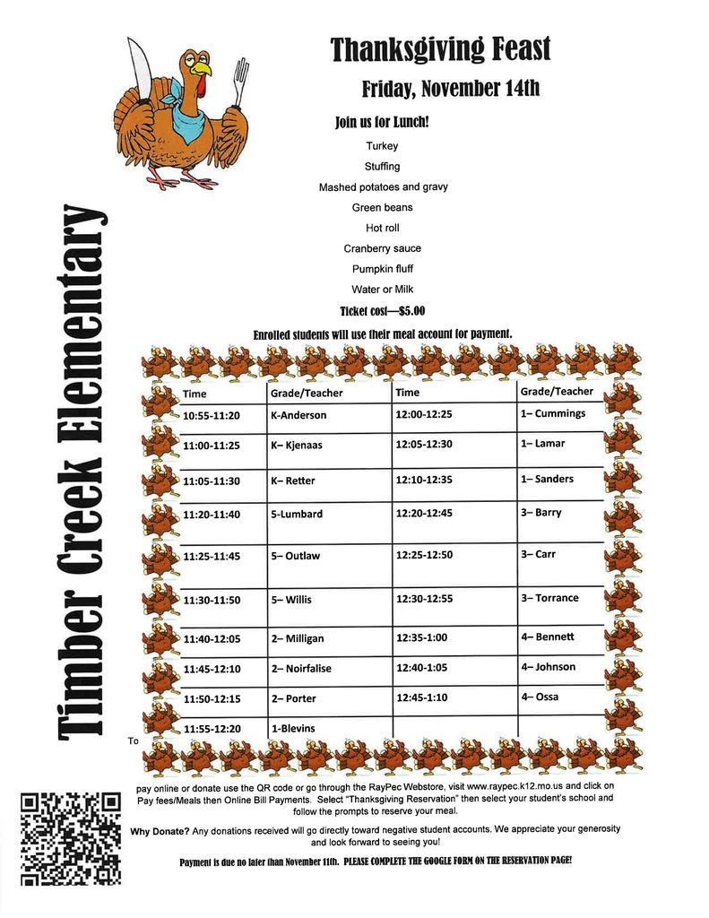 Thanksgiving lunch schedule