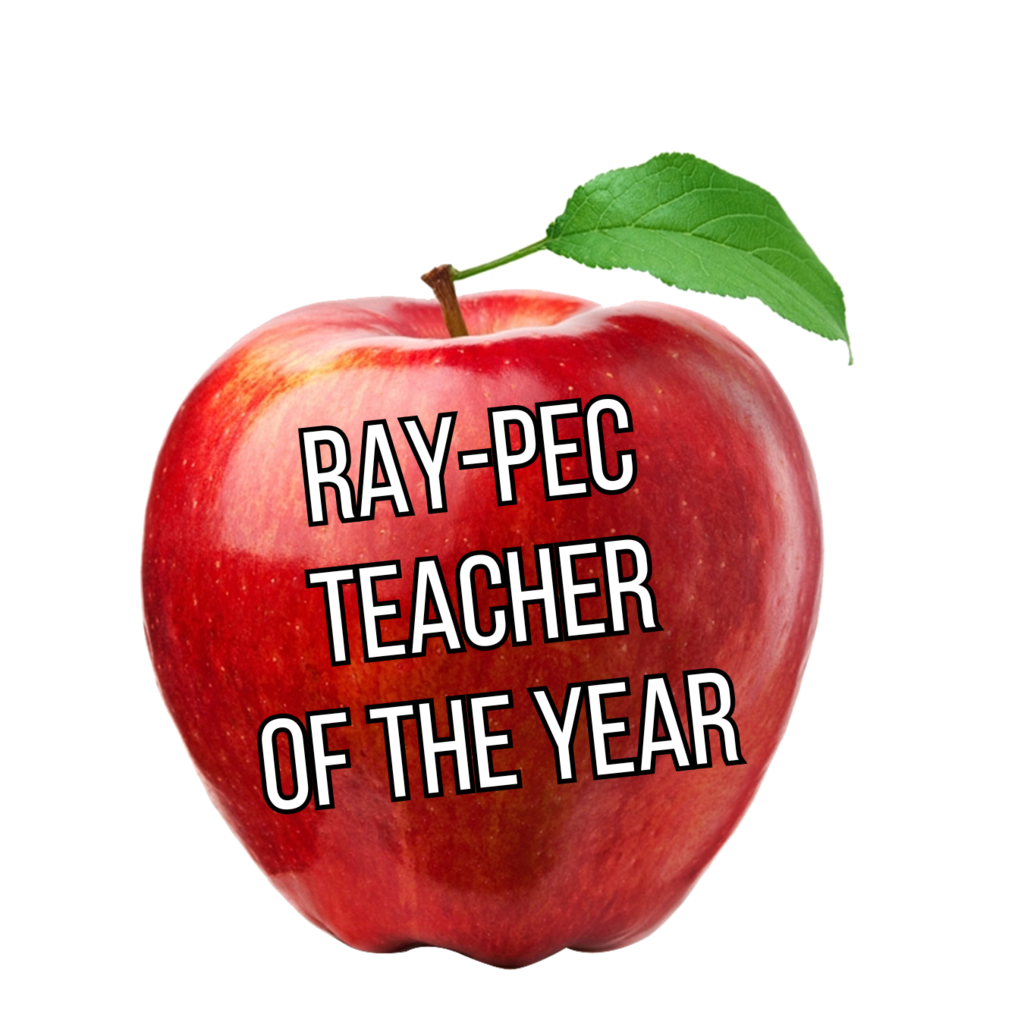 The words "Ray-Pec Teacher of the Year" on an apple