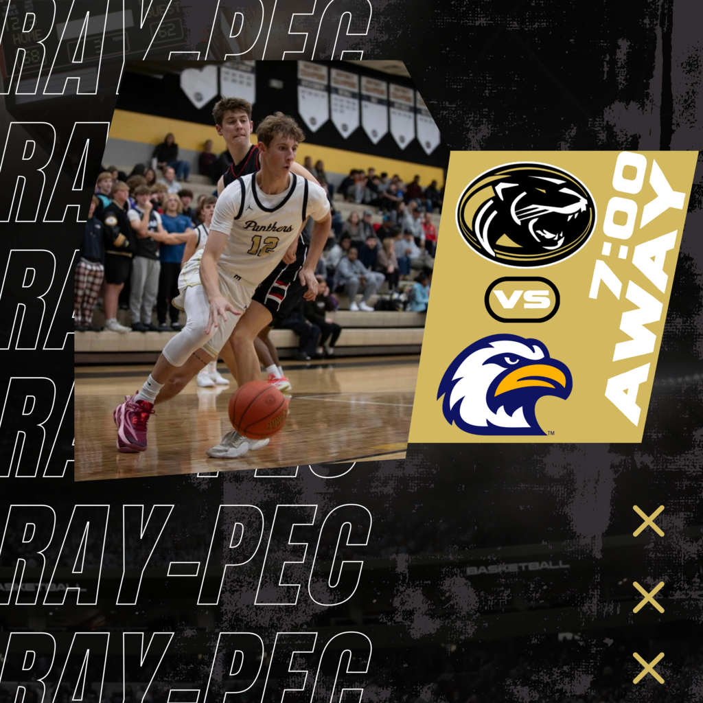 Photo of Ray-Pec basketball player dribbling past an opponent. Ray-Pec at Liberty North at 7:00 pm.