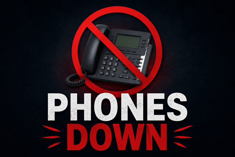 District notification graphic with a dark blue and black background. A black office desk phone is centered inside a large red prohibition symbol. Below the image, bold distressed text reads "PHONES DOWN" in white and red lettering. Red accent marks on both sides emphasize the message. The graphic indicates that district phone services are currently unavailable.