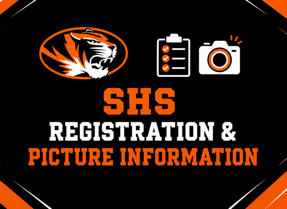 Black, orange, and white graphic reading “Registration & Picture Information,” with a checklist and pencil on the left and a camera and photograph on the right.