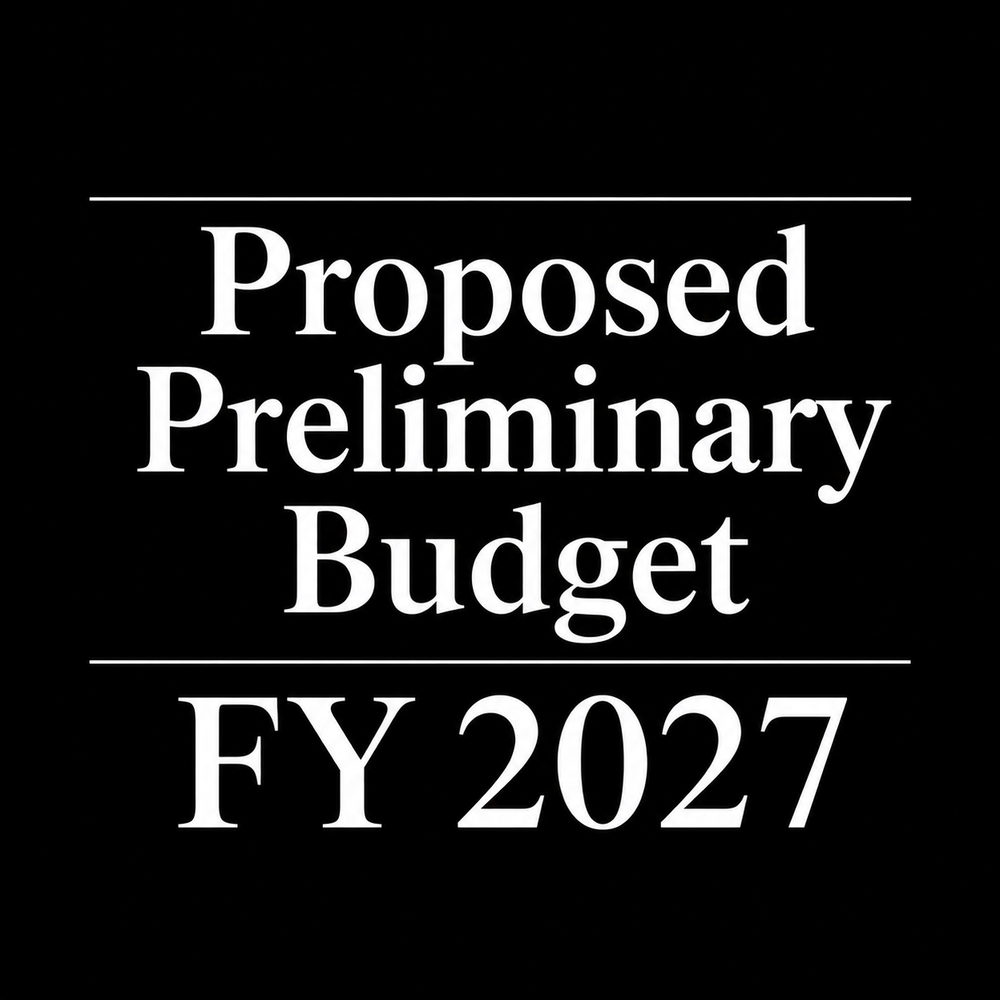 Alt text: Black background graphic with large white text reading Proposed Preliminary Budget FY2027” in an elegant serif font, separated by thin white horizontal lines.