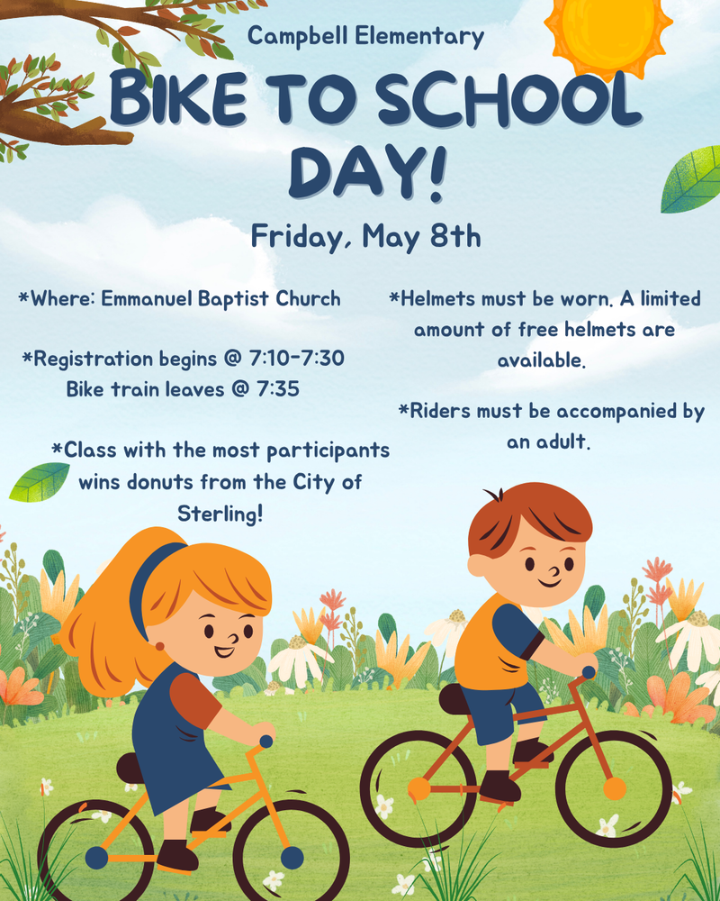 children riding a bike. Bike to school day! Friday May 8th. 