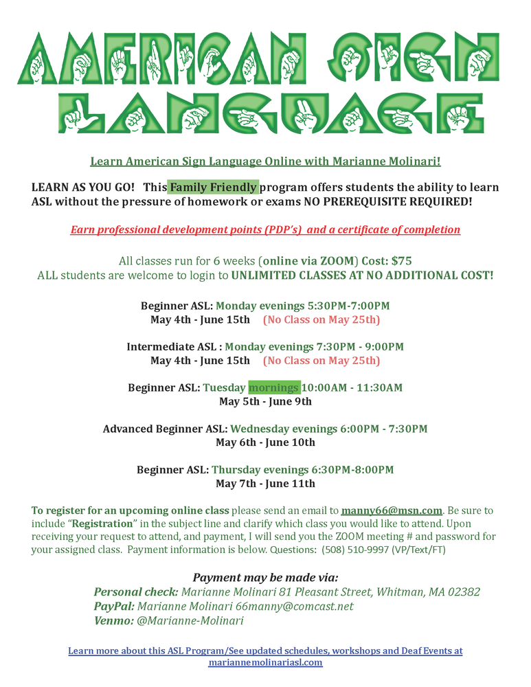 American Sign Language Virtual Classes Spring 2026