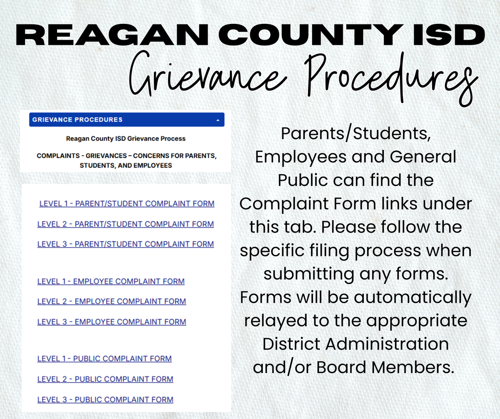 Parents/Students, Employees and General Public can find the Complaint Form links under this tab. Please follow the specific filing process when submitting any forms. Forms will be automatically relayed to the appropriate District Administration and/or Board Members. 