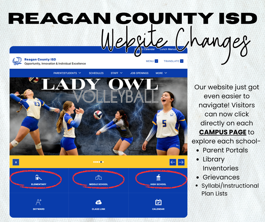 Our website just got even easier to navigate! Visitors can now click directly on each CAMPUS PAGE to explore each school-  Parent Portals Library Inventories Grievances Syllabi/Instructional Plan Lists 
