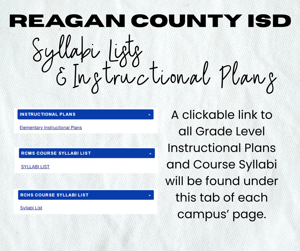 A clickable link to all Grade Level Instructional Plans and Course Syllabi will be found under this tab of each campus’ page.