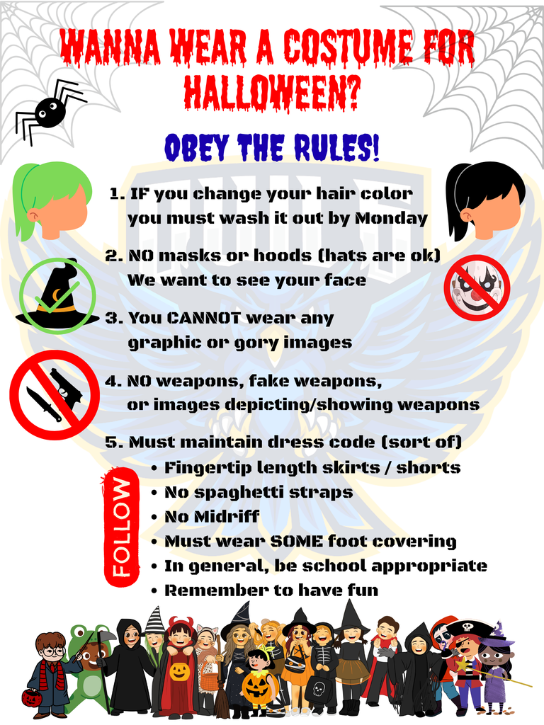 Rules for RCMS Halloween Costume Day. It emphasizes being school appropriate, even in your costume.