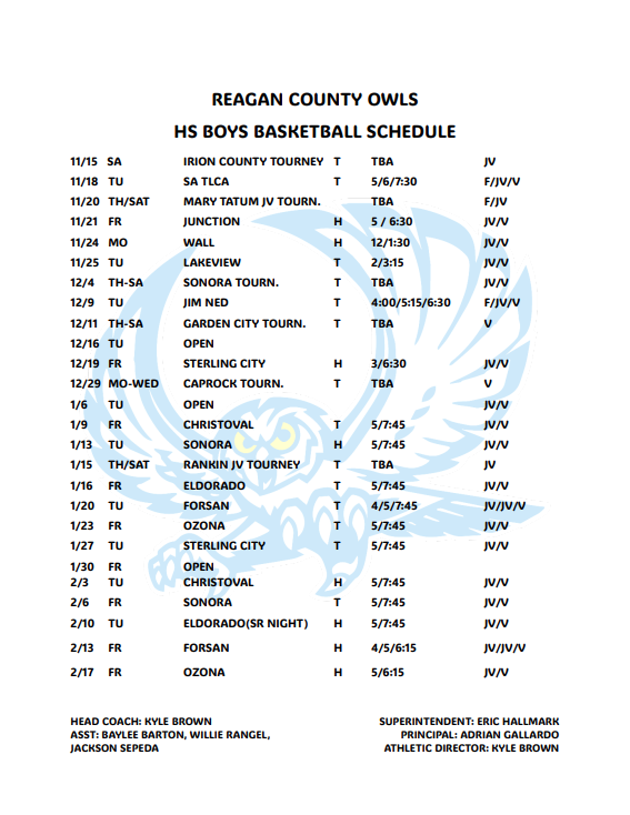 REAGAN COUNTY OWLS - BOYS BASKETBALL SCHEDULE
