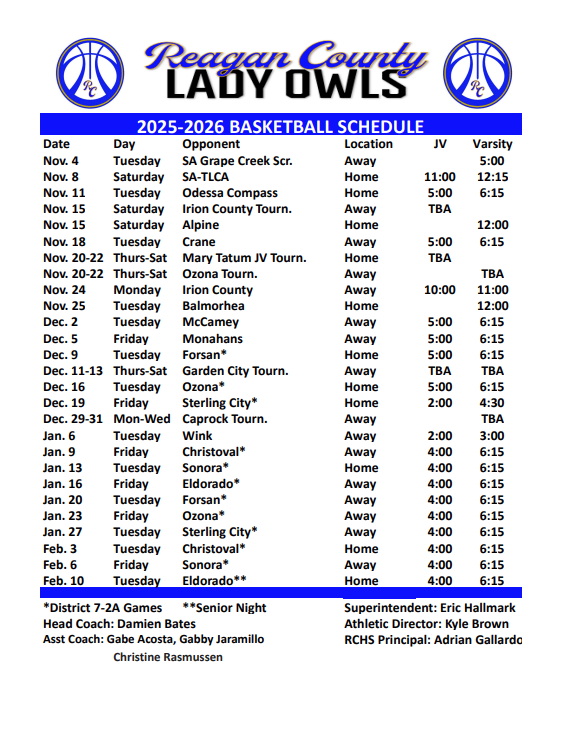 REAGAN COUNTY LADY OWLS - BASKETBALL SCHEDULE