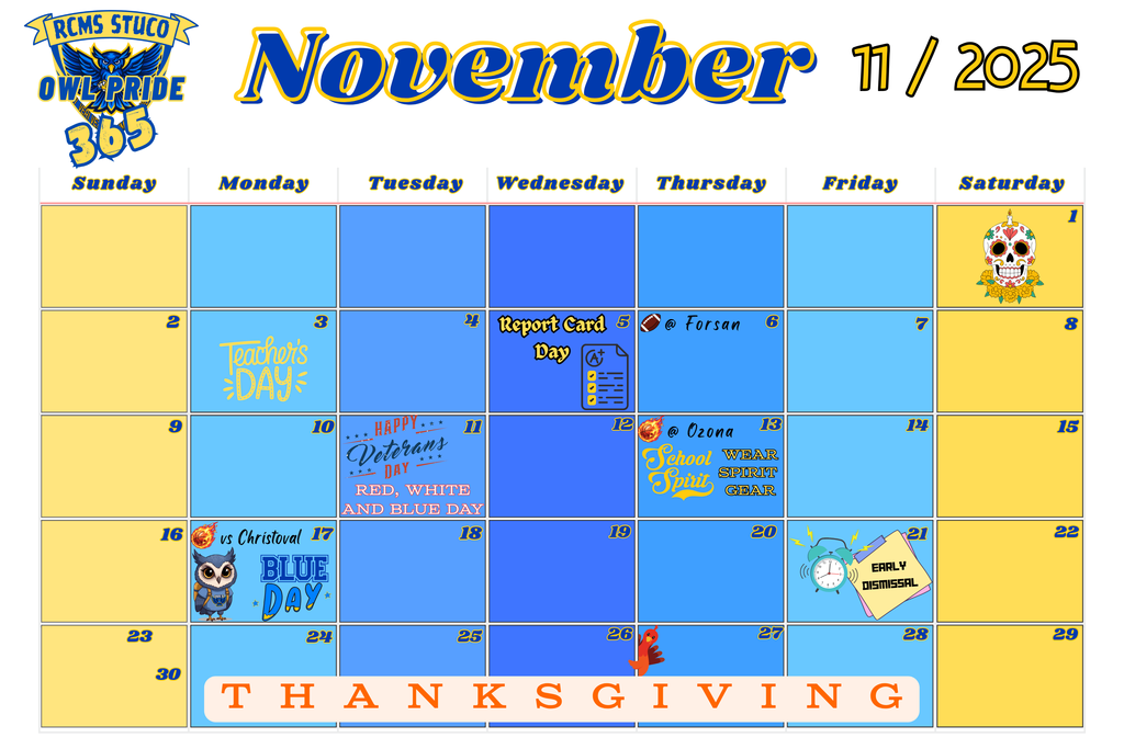 November 2025 Calendar of events for RCMS