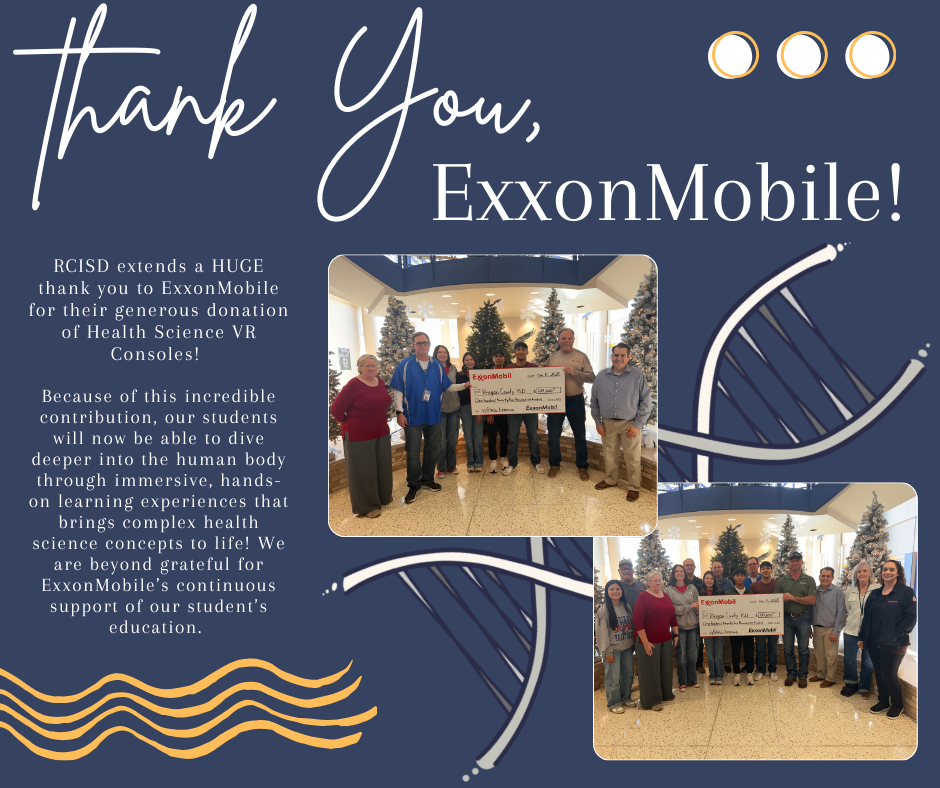 Thank you, ExxonMobile! RCISD extends a HUGE thank you to ExxonMobile for their generous donation of Health Science VR Consoles!   Because of this incredible contribution, our students will now be able to dive deeper into the human body through immersive, hands-on learning experiences that brings complex health science concepts to life! We are beyond grateful for ExxonMobile’s continuous support of our student’s education. 