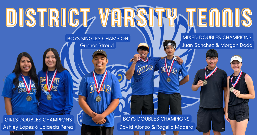 HUGE shoutout to our Varsity Tennis Players for an incredible showing yesterday -- rain or shine, they showed up and competed! District Champions: • Girls Doubles – Ashley Lopez & Jalaeda Perez • Boys Singles – Gunnar Stroud • Boys Doubles – David Alonso & Rogelio Madero • Mixed Doubles – Juan Sanchez & Morgan Dodd 2nd Place Finishers: • Mixed Doubles – Eli Luna & Ellie Fuller • Boys Singles – Joaquin Vasquez • Girls Singles – Aubrey Garcia 3rd Place Finishers: • Girls Doubles – Jazlynn Acevedo & Kamryn Gunnels ALL District Champs & 2nd Place Finishers have officially punched their tickets for Regionals that will be held April 20th - 21st at Rebel Tennis Center in Amarillo, TX! #OwlPride