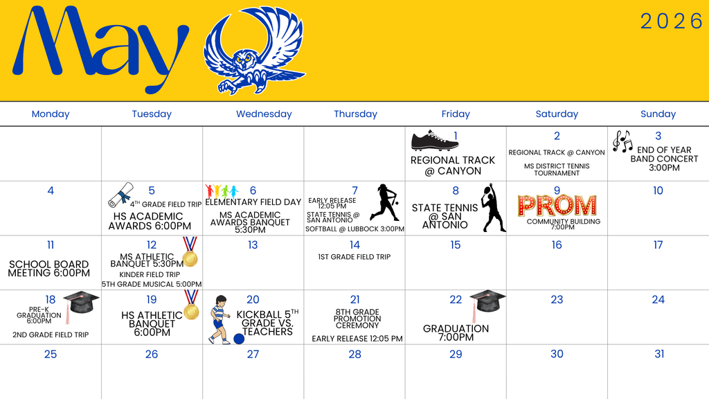May is a busy month for RCISD! We've tried to gather all upcoming events into one calendar for our families and community. Please keep an eye on our pages and communication  for any updates or changes!   Please note: the Middle School Academic Ceremony has been moved to Wednesday, May 6th at 5:30 PM.