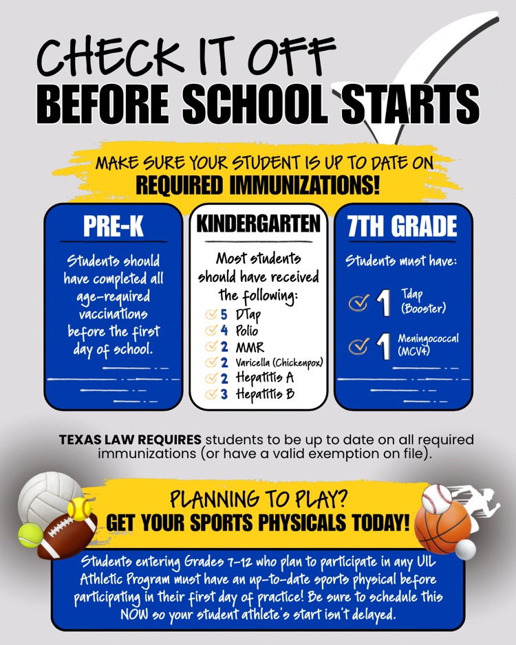 CHECK IT OFF BEFORE SCHOOL STARTS! Immunizations + Sports Physical Information