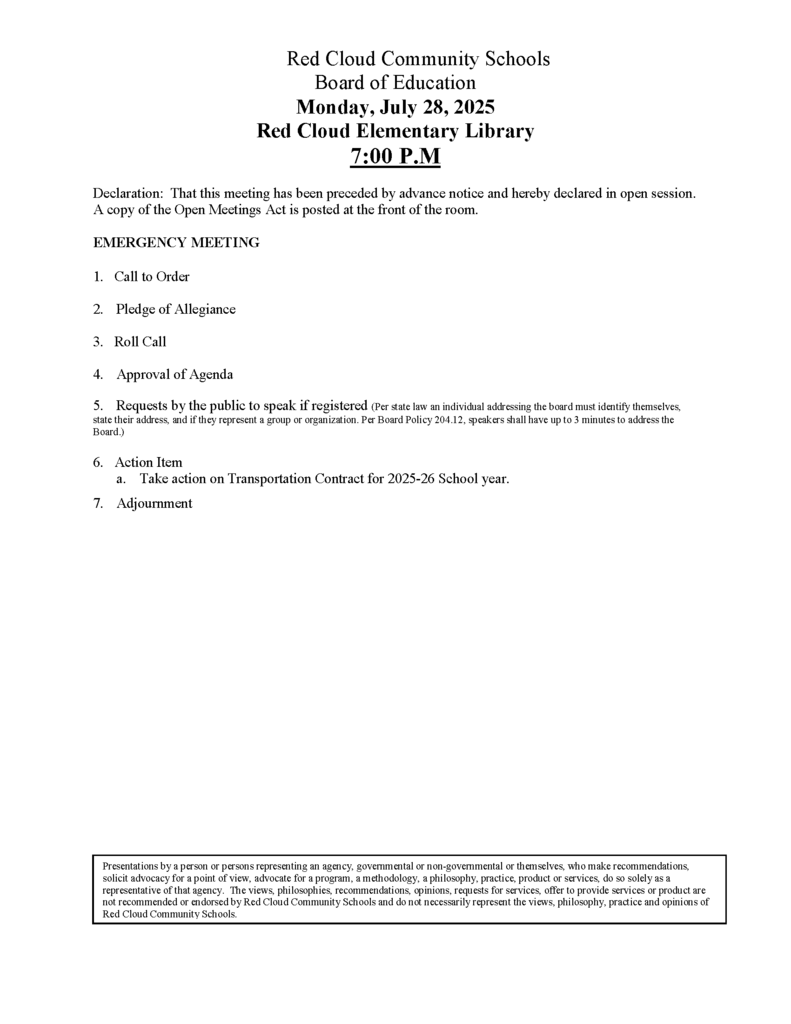 July 28, 2025 Emergency Board Meeting