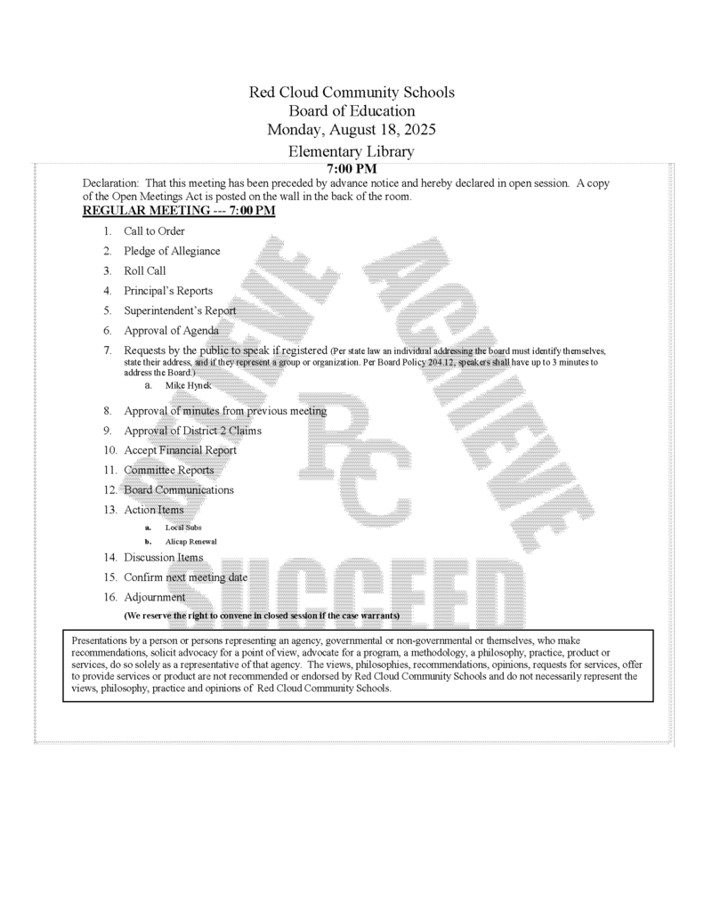 August 18, 2025 Board Meeting Agenda