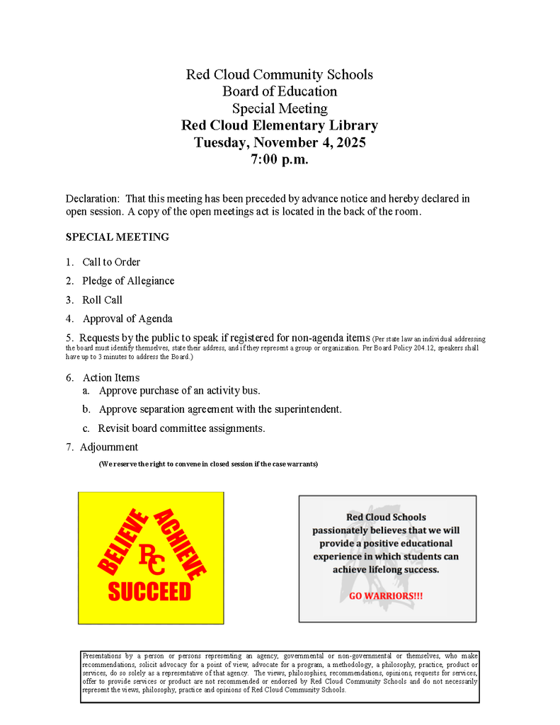 November 4, 2025 Special Board Meeting Agenda