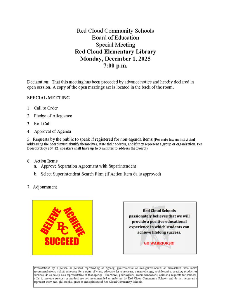 Updated December 1, 2025 Special Meeting Agenda