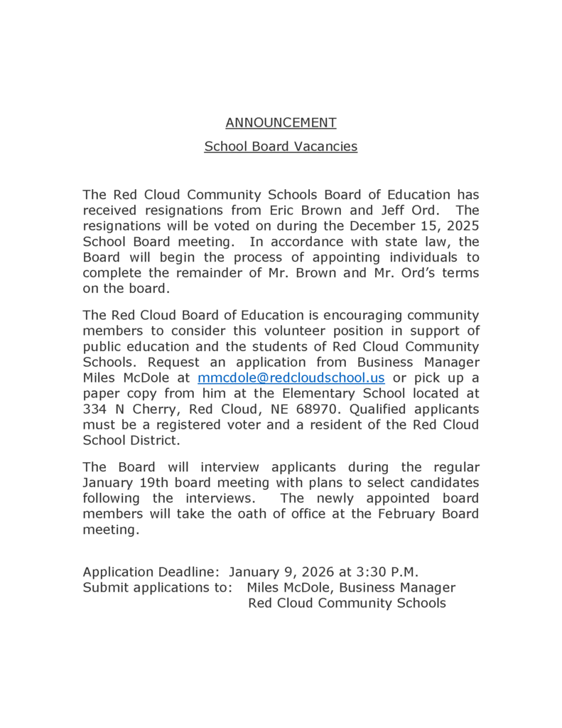 Red Cloud School Board Vacancies